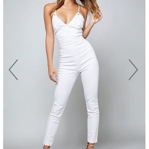 White BEBE back lace up denim catsuit
